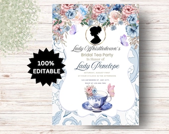 Lady Whistledown Bridal Shower Invitation: Teacup Floral Design (Editable Digital Template)