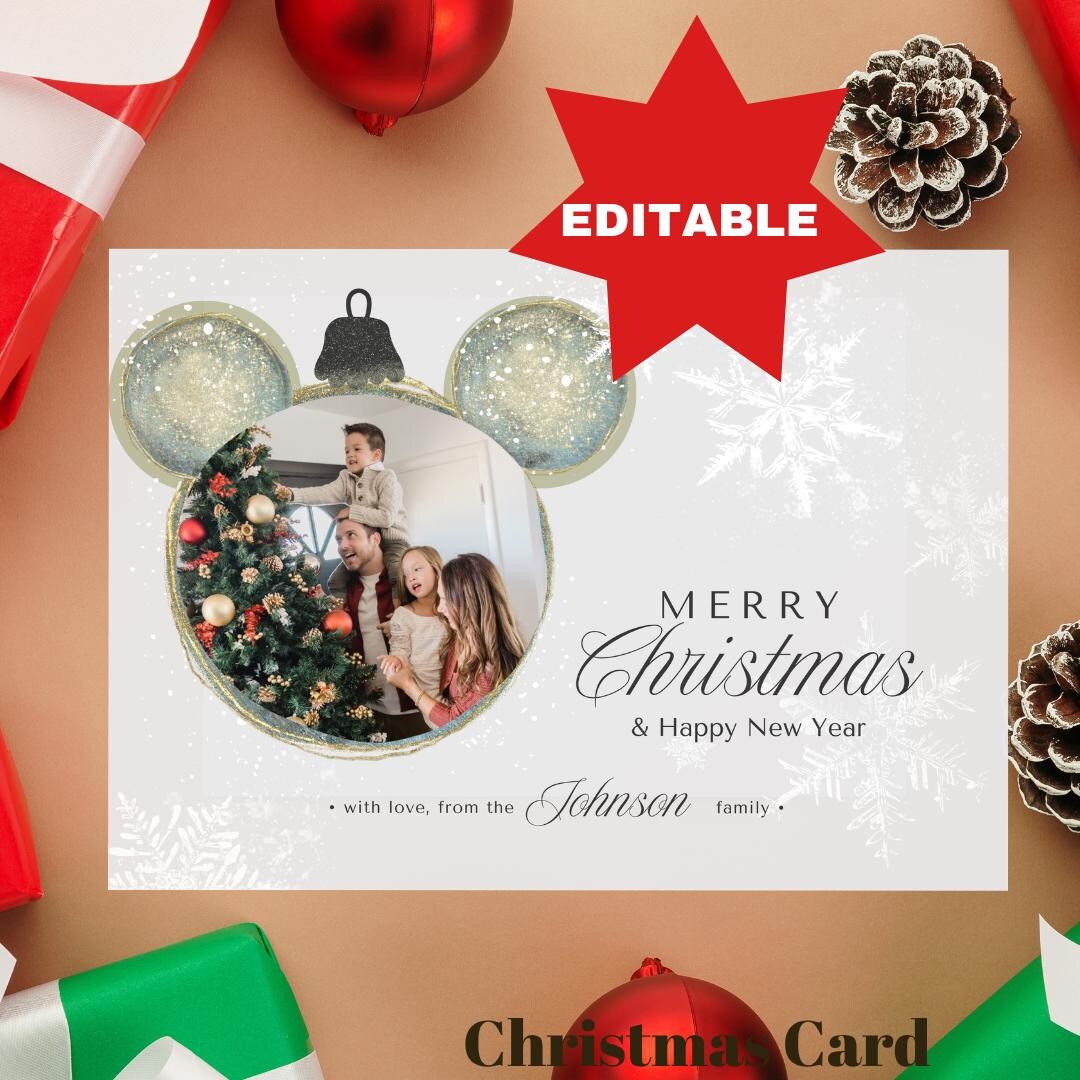 Mickey Mouse Christmas Card Template, Mickey Holiday Template, Disney