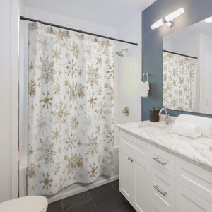 Cortina de ducha con copos de nieve, estilo rústico, estética minimalista, baño de invierno, baño de casa de campo, baño rústico, estilo copo de nieve imagen 3