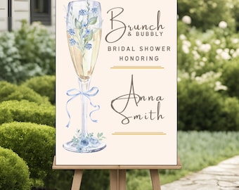 EDITABLE Brunch and Bubbly Bridal Shower Editable Welcome Sign, Blue Floral Champagne Glass, Digital Download, Welcome Sign Template