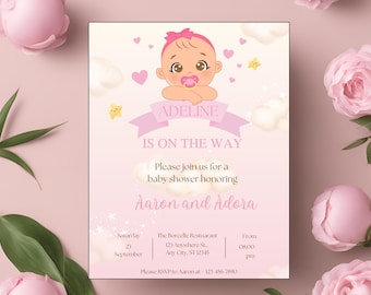 EDITABLE Pink Invitation for Baby Shower, Baby Shower Pink, Baby Girl, Blush Pink 1st Birthday Digital