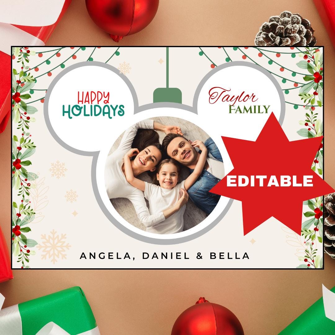 EDITABLE Disney Christmas Card Template, Mickey Xmas Card, Mickey