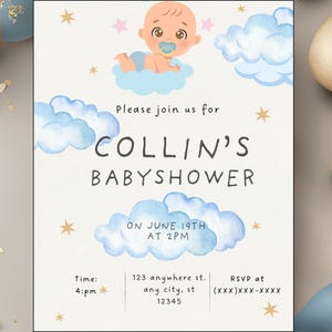 EDITABLE Blue Cloud Invitation for Baby Shower, Baby Shower Blue, Baby Boy, Blue Cloud 1st Birthday Digital, Instant Download, Customizable
