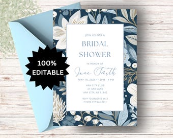 Boho Floral Bridal Shower Invitation: Editable Blue Flower (Digital Download)