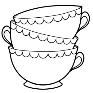 Peut inclure: Trois tasses à thé blanches empilées les unes sur les autres. Chaque tasse a un bord festonné.