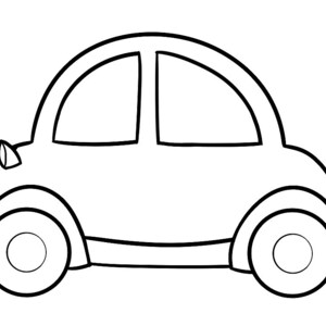 Peut inclure: Un dessin au trait noir et blanc d'une voiture de dessin animé. La voiture a une forme arrondie avec deux portes, quatre roues et un design simple.