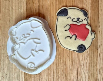 Pug Hug Heart Cookie Cutter with Optional Stamp - Dough, Icing, Fondant, Play-Doh - 25F4