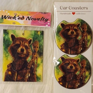 May include: Two round car coasters featuring a cartoon image of Rocket Raccoon and Groot from the Guardians of the Galaxy movie. The coasters are printed on a white background with a yellow, green, and brown color scheme. The text "Car Coasters" is printed on the white packaging. The text "Handmade with love" is printed below the text "Car Coasters".