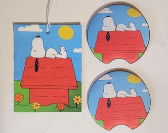 Snoopy Doghouse Car Coasters & Charm