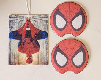 May include: Two red and black Spider-Man car coasters with white eyes. A separate image shows Spider-Man hanging upside down in a red and blue suit.