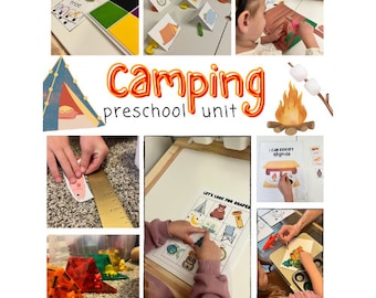 Puede incluir: Una unidad preescolar temática de camping con actividades coloridas para niños. La unidad incluye una variedad de actividades, como hacer coincidir formas, contar e identificar colores. También hay varias hojas de trabajo y tarjetas de actividades imprimibles.