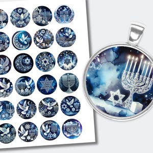 Menorah Cabochon | Colorful Star of David Round Cabochons | Downloadable Printable Cab | Happy Hanukkah Collage Images | (1.5 inch) CABS-292