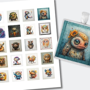 May include: A sheet of square watercolor illustrations of whimsical creatures in various colors. A pendant with a similar creature, framed in blue, is also shown. The pendant has a white ribbon.