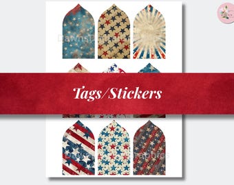Patriotic Printable Tags | Instant Download PDF | DIY Stars & Stripes Flag Grunge | Rustic Tag Stickers Designs | (2x3.5 inch) TAGS-003-1