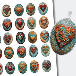 May include: A collection of heart-shaped pendants and decorative stones. The pendants and stones feature intricate heart designs with floral and mosaic patterns in shades of red, orange, and teal. The image showcases a variety of styles and textures, perfect for jewelry or craft projects.