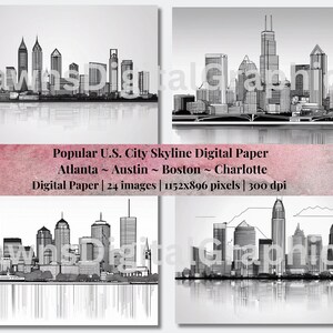 Popular U.S. City Skyline Art | 24 United States City Images | Skyline Sketch Clipart | Digital Paper Download PNG | CSP-1084