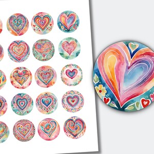 Valentine Colorful Hearts Round Cabochon Images | Downloadable Printable Cabochon | Heart Collage | (40mm) CABS-757