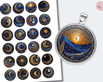 Midnight Skies Moon Cabochons | Images Downloadable | Printable Celestial Stars Cabochon Collage | Round Images (1 inch (25mm) CABS-1368b