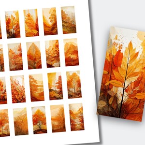 May include: A collection of rectangular art prints featuring autumnal landscape scenes. The prints showcase trees and foliage in shades of orange, yellow, and brown, evoking a warm, fall atmosphere. A larger print with similar imagery is also present.