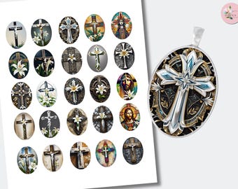 Jesus Cross Easter Lily Oval Cabochon | Printable Digital Graphics Images | (18x25mm) CABS-974