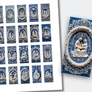 May include: A selection of blue and white religious art prints. Each print showcases a relief sculpture of biblical scenes within an oval frame. The prints are arranged on a white surface, with one print displayed separately.