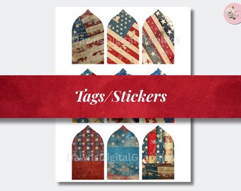 Patriotic Printable Tags | Instant Download PDF | DIY Stars & Stripes Flag Grunge | Rustic Tag Stickers Designs | (2x3.5 inch) TAGS-003-2