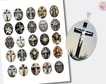 Jesus Cross Easter Lily Oval Cabochon | Printable Digital Graphics Images | (30x40mm) CABS-973