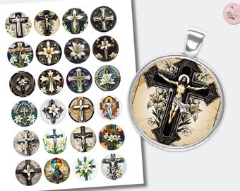 Jesus Cross Easter Lily Round Cabochon | Printable Digital Graphics Images | (1.2 inch (30mm) CABS-971