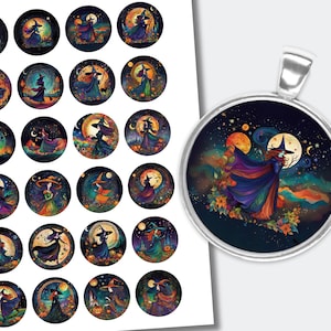Practical Magic Witches Cabochons | Printable Halloween Scene Round Collage | Images Downloadable | Bottle Cap Images (1 inch) CABS-1386b