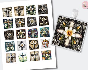 Jesus Cross Easter Lily Square Cabochon | Printable Digital Graphics Images | (1 inch (25mm) CABS-976