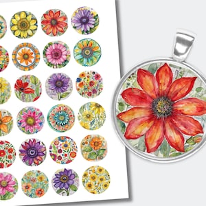 Colorful Flower Garden Printable Collage Images | Spring Floral Round Cabochons | (1 inch (25mm) CABS-615