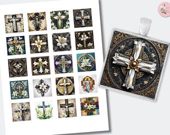 Jesus Cross Easter Lily Square Cabochon | Printable Digital Graphics Images | (1.5 inch (38mm) CABS-975