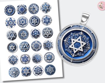 Star of David Cabochon | Blue White Star Cabochons | Downloadable Printable Cabs | Happy Hanukkah Collage Images | (1.5 inch (38mm) CABS-434