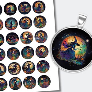 Practical Magic Witches Cabochons | Printable Halloween Scene Round Collage | Images Downloadable | Bottle Cap Images (1.2 inch) CABS-1386a