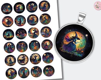 Practical Magic Witches Cabochons | Printable Halloween Scene Round Collage | Images Downloadable | Bottle Cap Images (1.2 inch) CABS-1386a