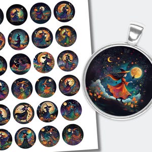 Puede incluir: Una colección de pegatinas redondas y un colgante con una bruja volando frente a una luna llena. La bruja lleva un sombrero y un vestido naranja. Las pegatinas y el colgante tienen un fondo de cielo nocturno azul oscuro con estrellas y nubes.