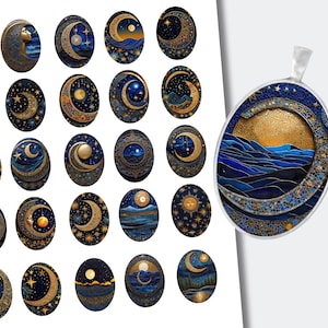 Midnight Skies Moon Cabochons | Images Downloadable | Printable Celestial Stars Cabochon Collage | Oval Images (30x40mm) CABS-1370