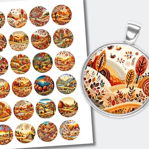 Autumn Colorful Scenery Printable Cabochons | Fall Scene Round Collage Images | (1.2 inch (30mm) CABS-336