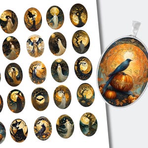 Peut inclure: Pendentif ovale sur le thème d'Halloween, représentant un oiseau bleu perché sur une citrouille. Le pendentif est entouré d'un fond orange et doré détaillé. D'autres images ovales avec des motifs d'Halloween similaires sont également présentes.
