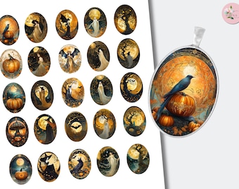 Art Nouveau Halloween Character Printable Cabochons | Ghost Witch Bat Oval Collage Images | (30x40mm) CABS-1382