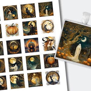 Peut inclure: Une collection d'estampes d'art sur le thème d'Halloween avec des citrouilles, des sorcières, des chats noirs et des lunes. Les estampes ont une esthétique vintage et mystique avec des tons dorés, orange et noirs. Un pendentif carré avec un design similaire est également présenté.
