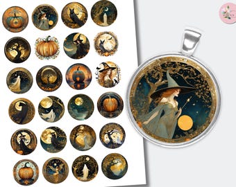 May include: A silver pendant with a round, detailed image of a witch in a green dress and hat, holding a wand. The pendant is surrounded by a gold-colored border. The image also shows several round stickers with Halloween-themed illustrations.