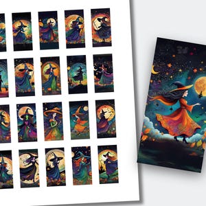 Puede incluir: Una hoja de pegatinas rectangulares con ilustraciones de acuarela de brujas en varias poses. Cada bruja se representa con un sombrero, sobre un fondo de luna llena y noche estrellada. La paleta de colores incluye naranja, morado y verde.