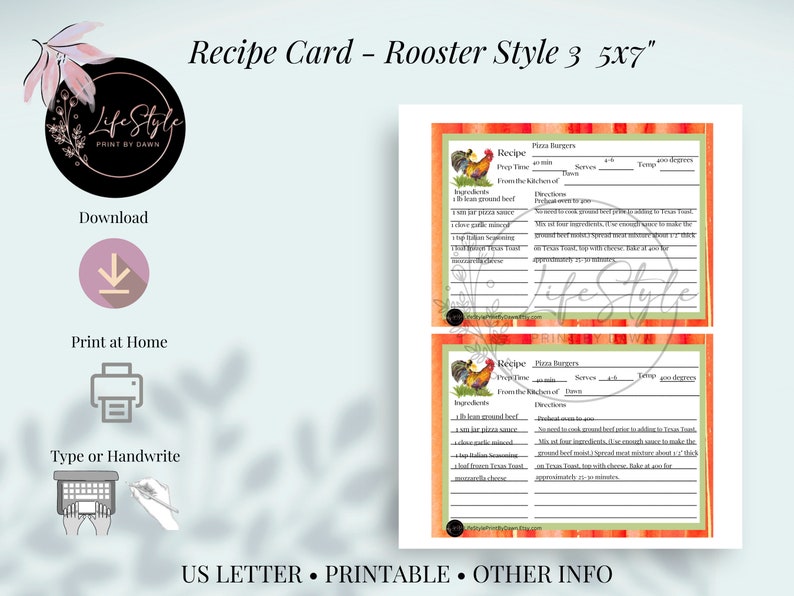 Rooster Design Downloadable Recipe Card Printable Recipe Card - Etsy