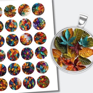 May include: A pendant with a silver bail and a clear glass cabochon filled with colourful autumn leaves. A sheet of paper displays 24 circular designs with leaf patterns in various colours, including red, orange, and teal.