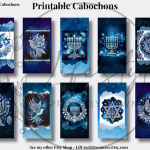 Cabochon Menorah | Cabochons étoile de David colorés | Cabine téléphonique imprimable téléchargeable | Images de collage Happy Hanukkah | (1 x 2 pouces) CABS-287