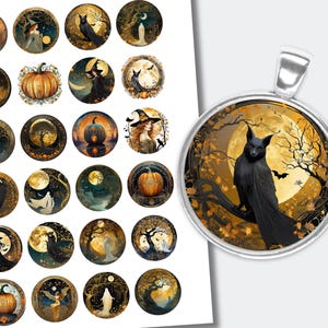 Könnte beinhalten: Silberner Anhänger mit rundem Glasbild einer schwarzen Katze auf einem Ast vor einem Vollmond. Das Bild hat ein Halloween-Thema, mit einer Fledermaus im Hintergrund. Ein Bogen mit Aufklebern zum Thema Halloween ist ebenfalls sichtbar.