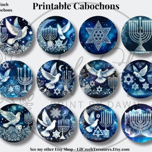 Star of David Cabochon | Colorful Menorah Round Cabochons | Downloadable Printable Cab | Happy Hanukkah Collage Images | (1.2 inch) CABS-293