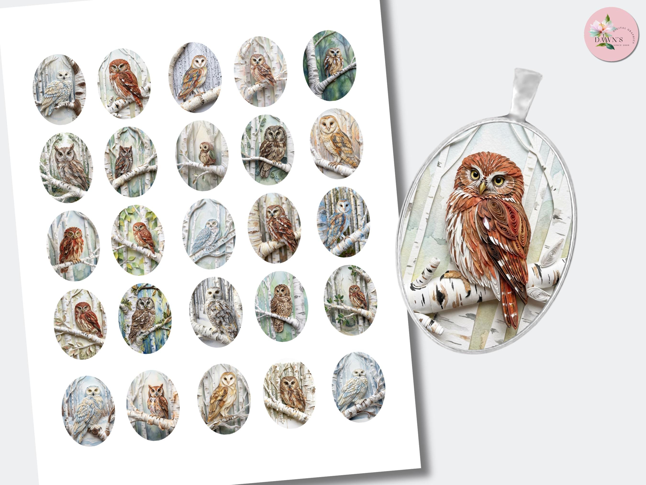 Oval Bird Collage | Owls in the Forest Cabochons Printable Images | (18x25mm) CABS-1528a