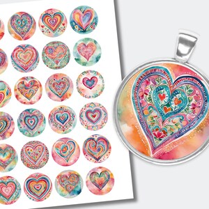 Colorful Hearts Round Cabochon Images | Downloadable Printable Cabochon | Heart Collage | (1.2 inch (30mm) CABS-755